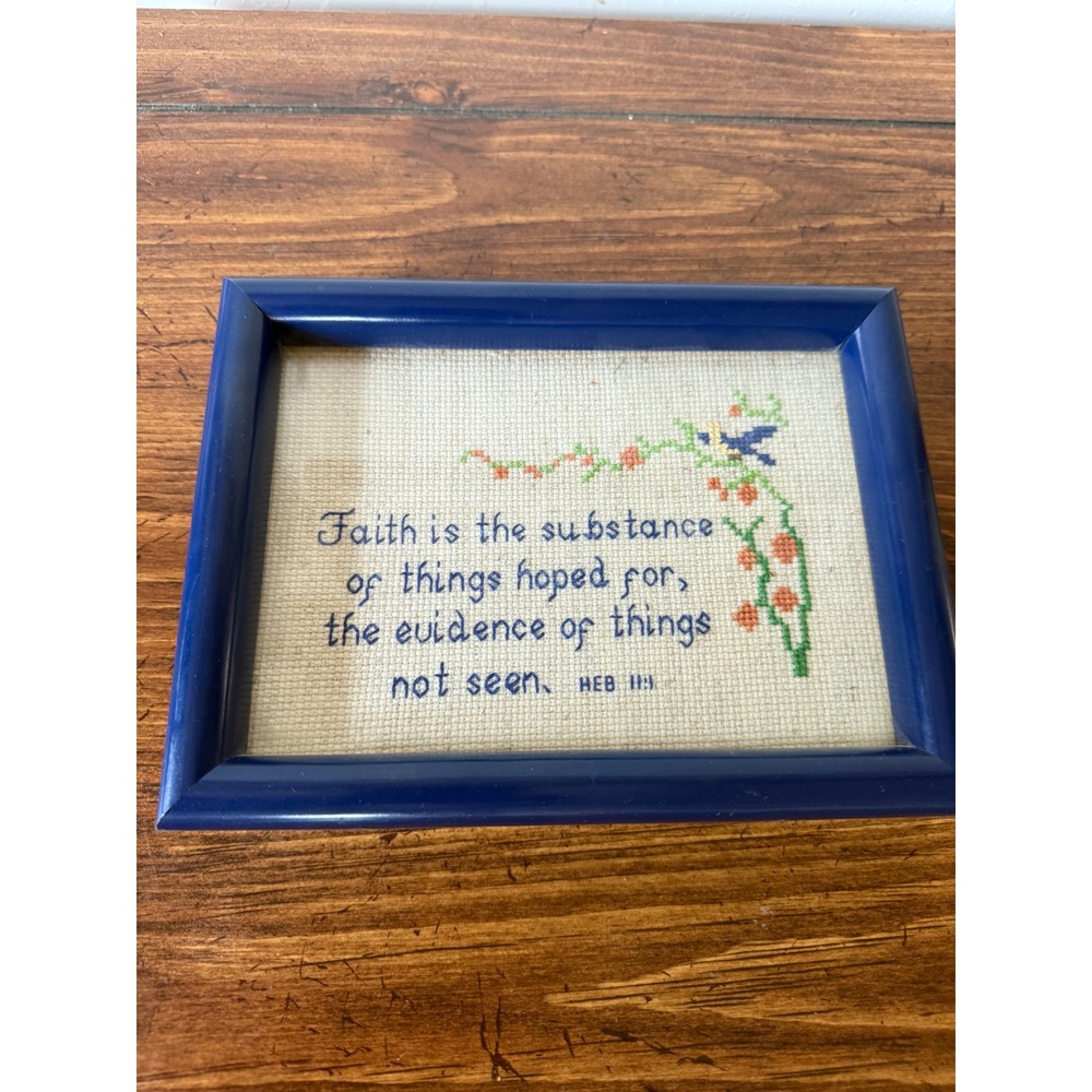 Vintage Framed Cross Stitch Hebrews 11:1 Faith Bible Verse Blue Bird Wall Art